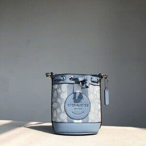 Coach Mini Dempsey Demin Bucket Bag Blue Signature Jacquard Top Handle Leather